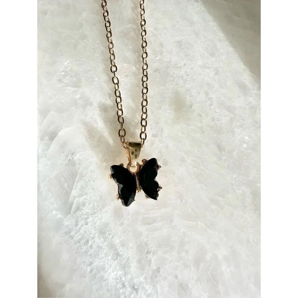 Black and gold color butterfly pendant necklace